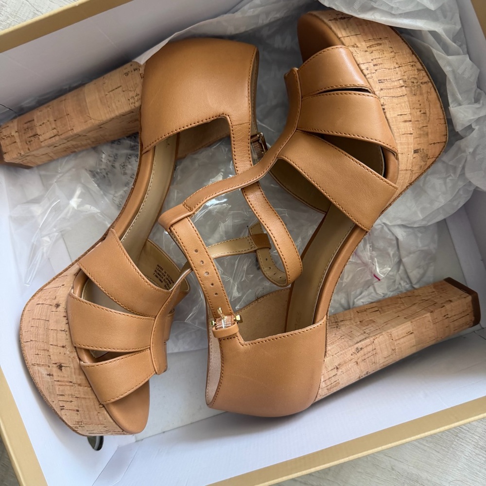 Michael Kors Tan Leather Cork Platform Heels - Picture 2 of 9